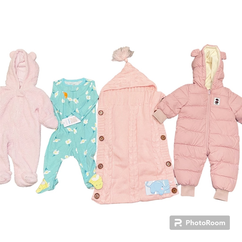 Baby girl snow suits, swaddle and FREE ONESIE! mostly from carters.